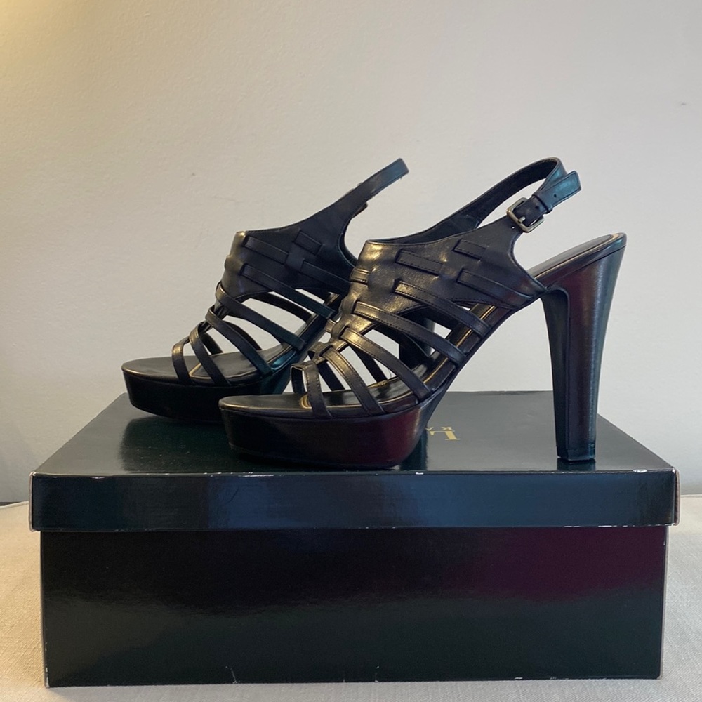 Lauren Ralph Lauren black leather strappy platform heels, 8.5